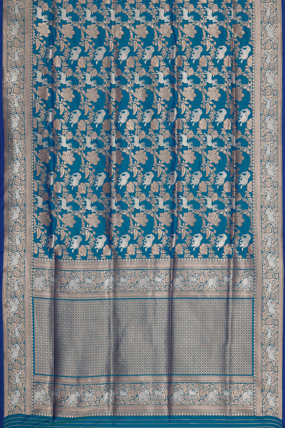 Image of Semi Banarasi Silk Peacock Blue Saree