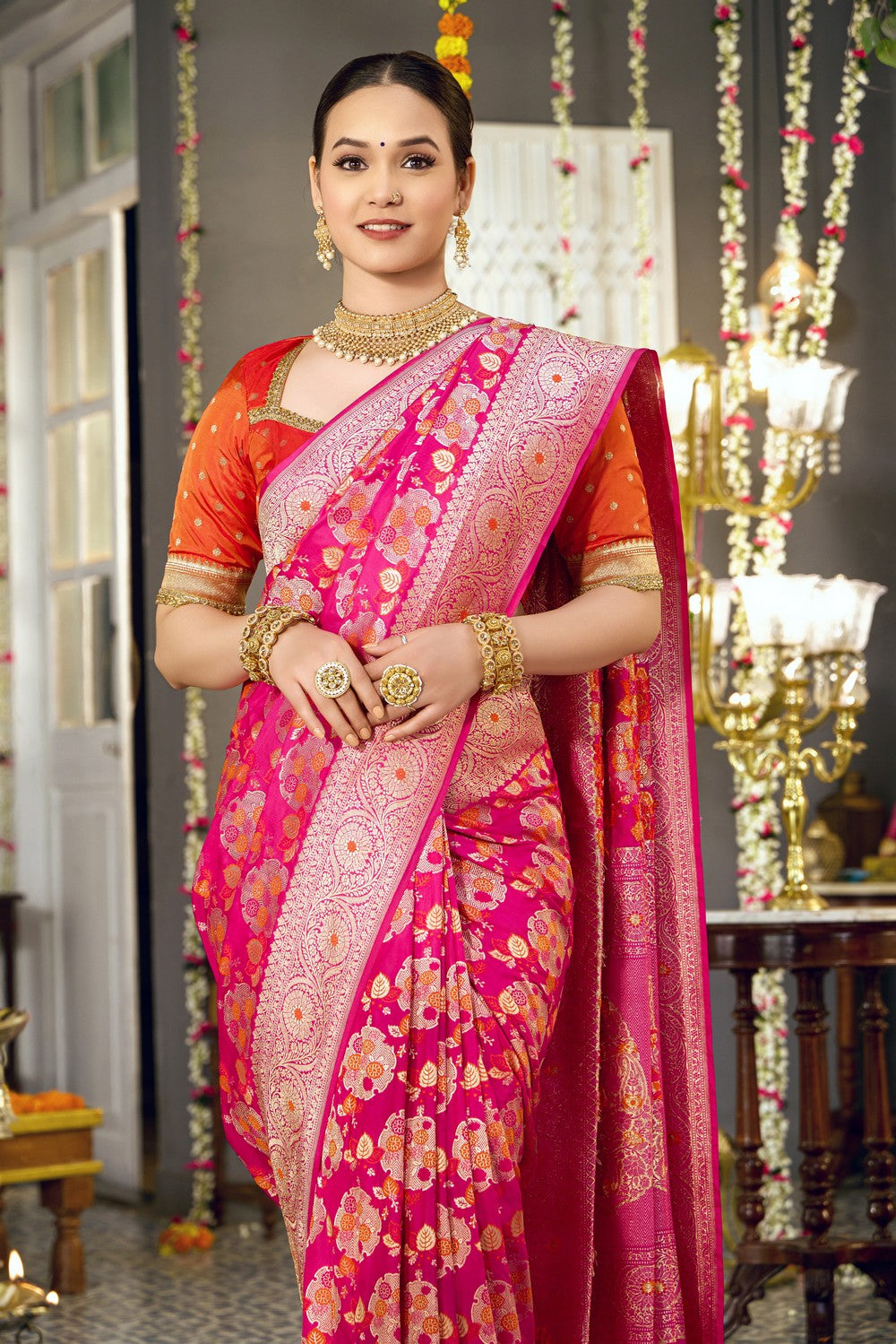 Image of Banarasi Brocade Silk Pink Saree