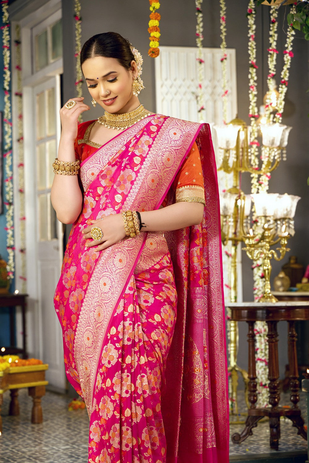 Image of Banarasi Brocade Silk Pink Saree