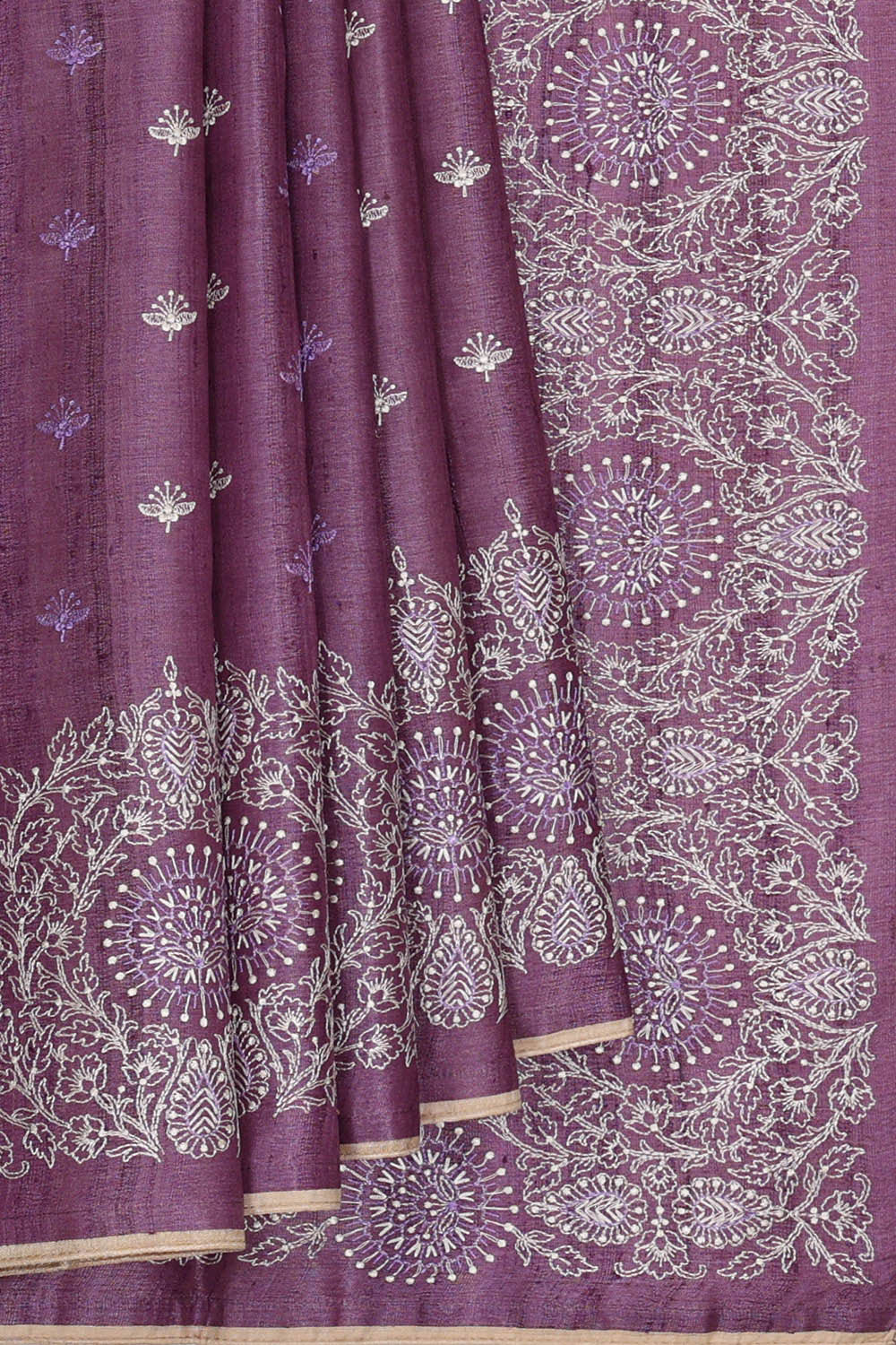 Image of Tussar Dark Lavender Embroidered Saree