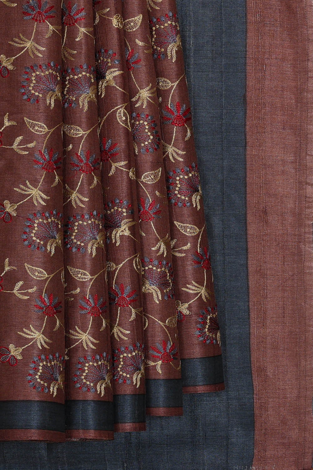 Image of Tussar Brown Embroidered Saree