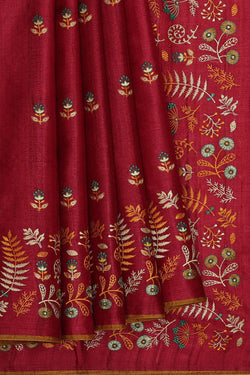 Image of Tussar Dark Red Embroidered Saree