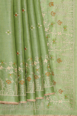 Image of Tussar Pista Green Embroidered Saree