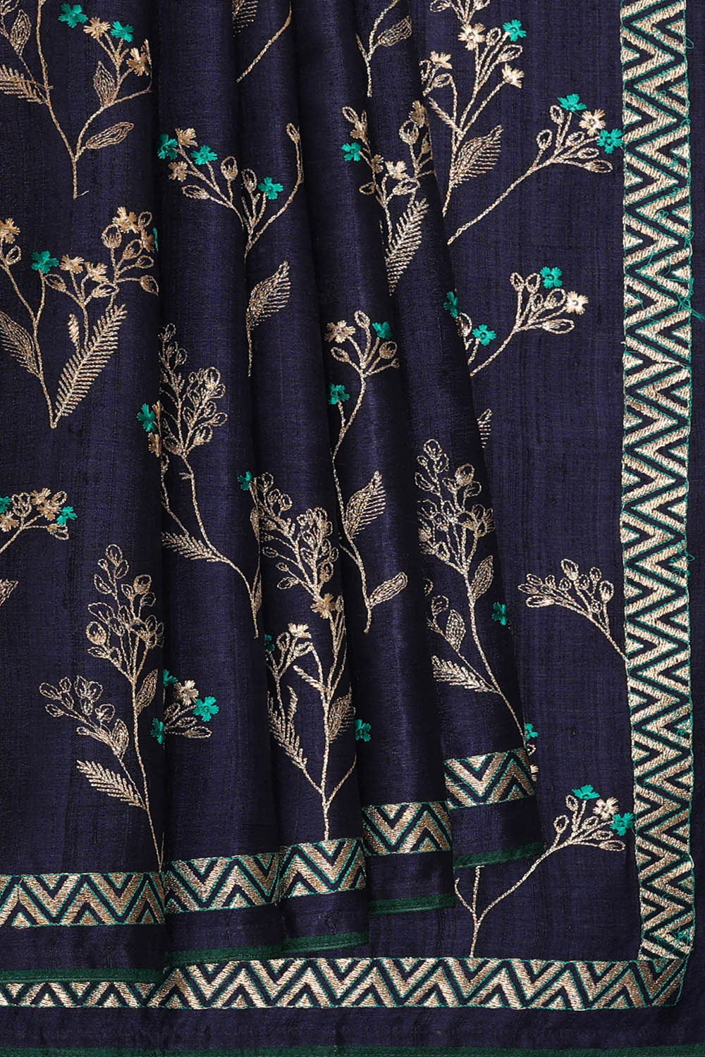 Image of Tussar Navy Blue Embroidered Saree