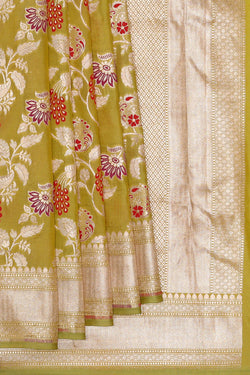 Image of Banarasi Silk Golden Green Saree