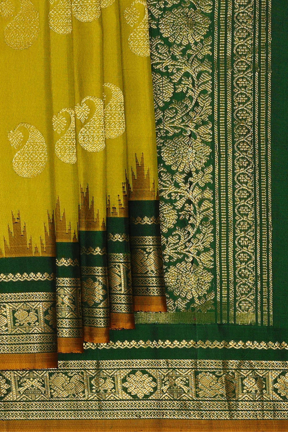 Image of Gadwal Silk Golden Green Saree