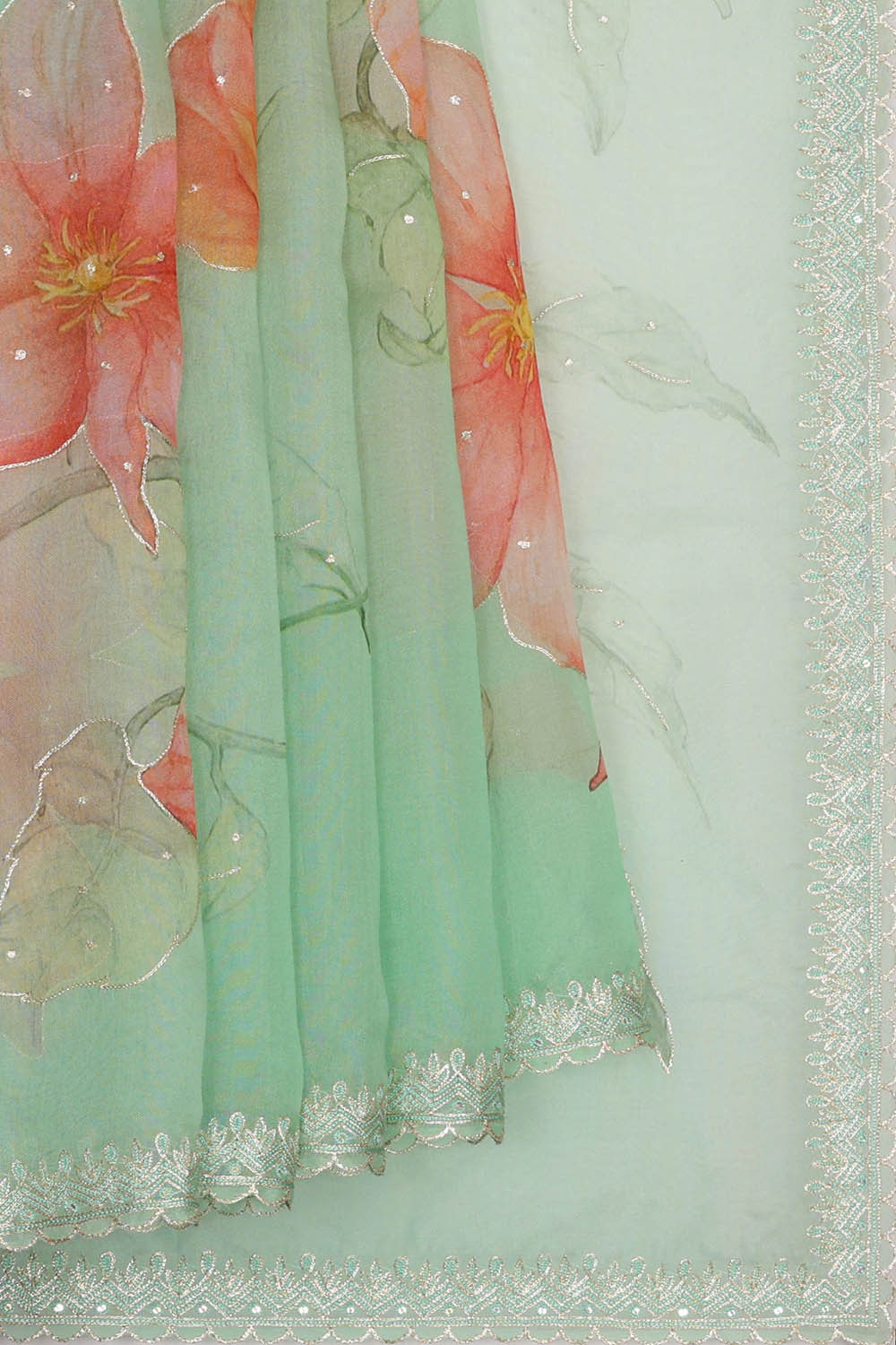 Image of Printed Banarasi Organza Sea Green Saree