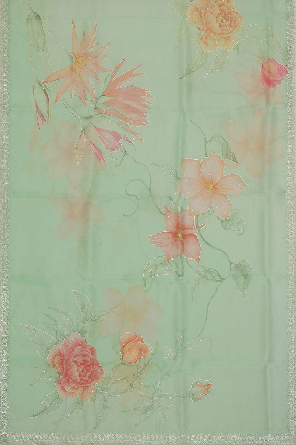 Image of Printed Banarasi Organza Sea Green Saree