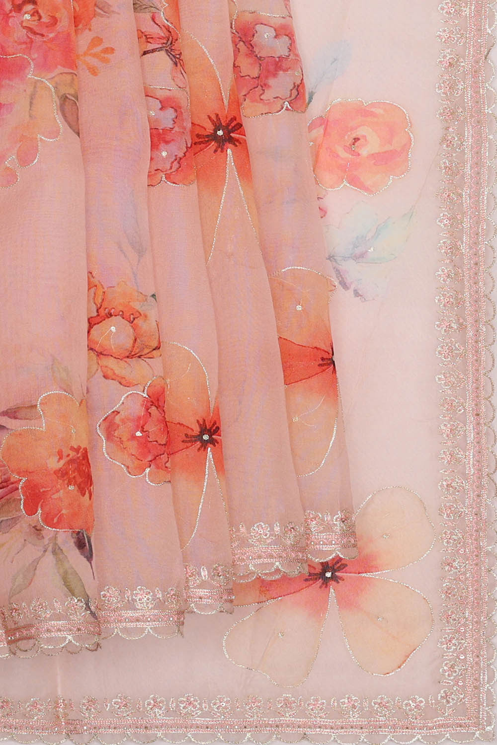 Printed Banarasi Organza Light Peach Saree