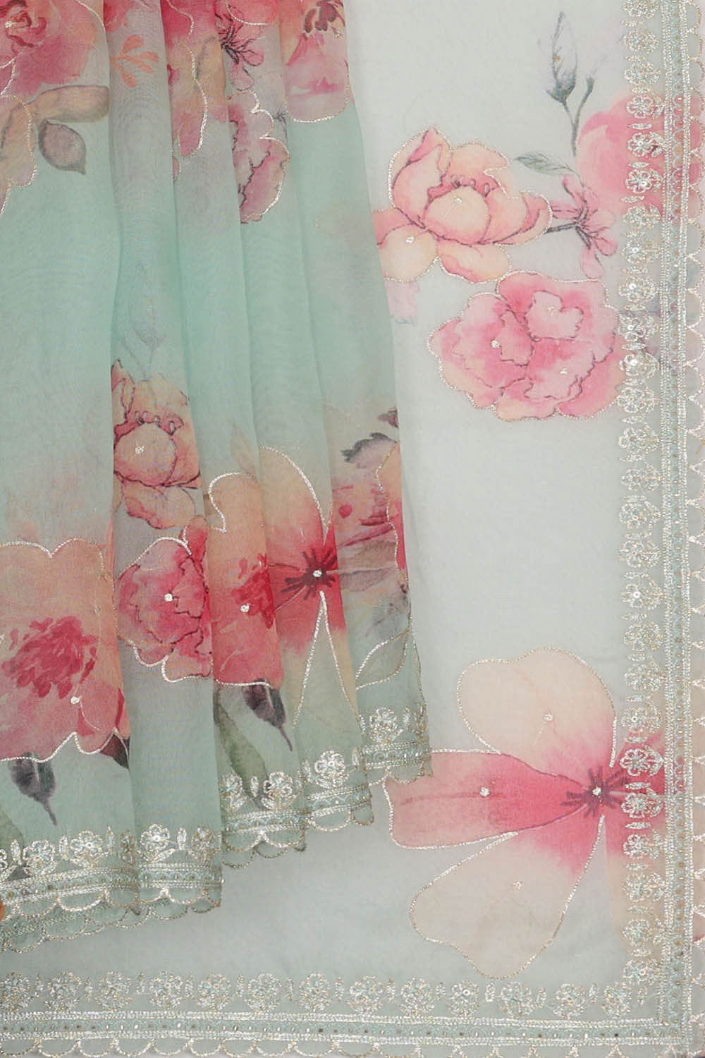 Image of Printed Banarasi Organza Sea Blue Saree