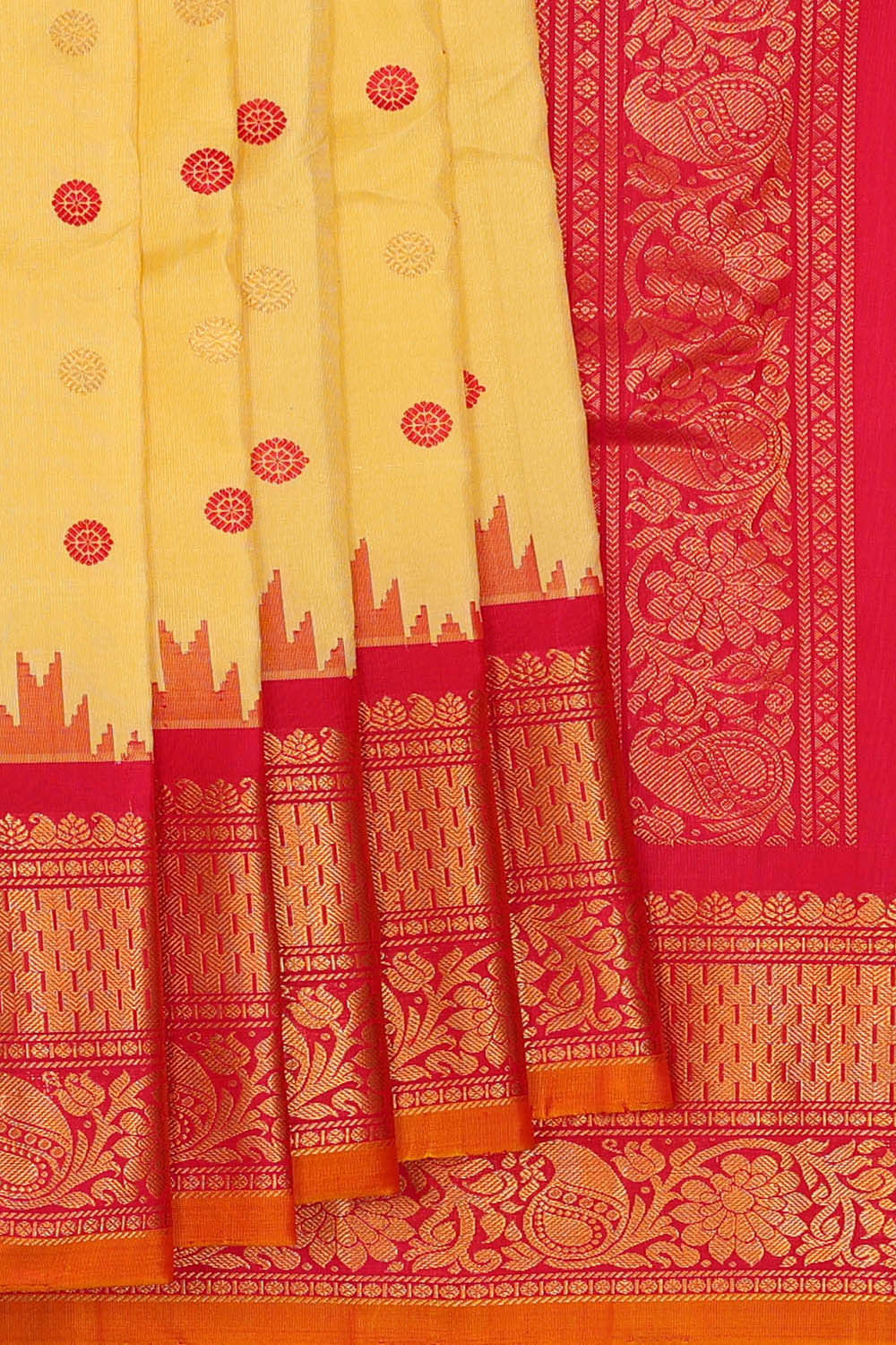 Image of Gadwal Silk Creamy Yellow Saree
