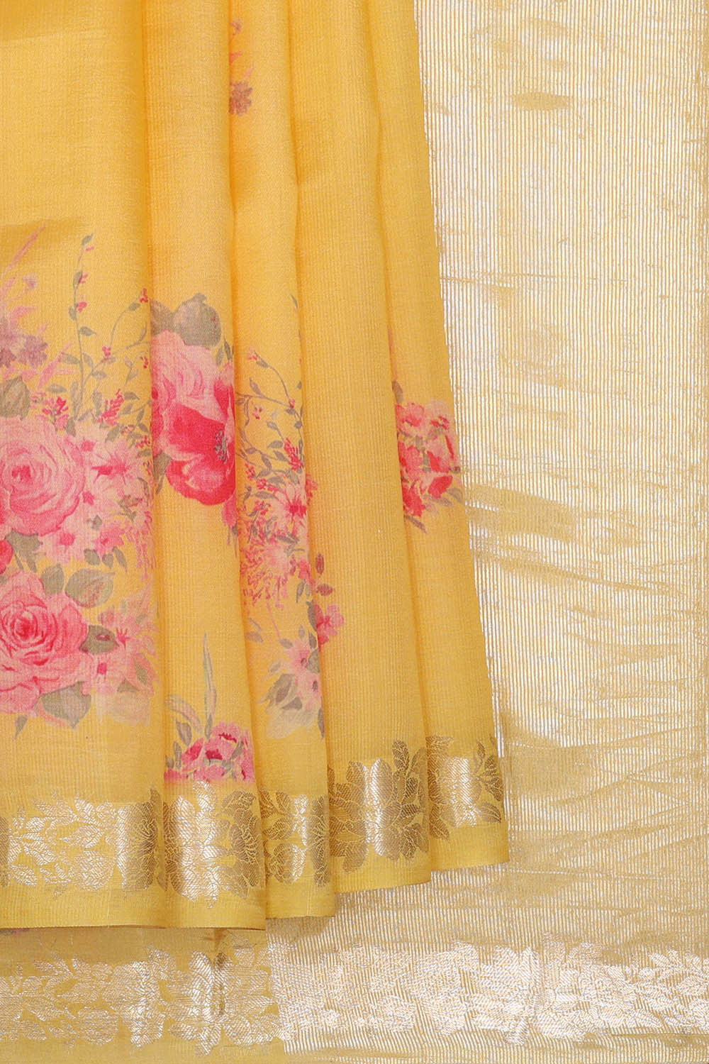 Image of Printed Yellow Silk Saree