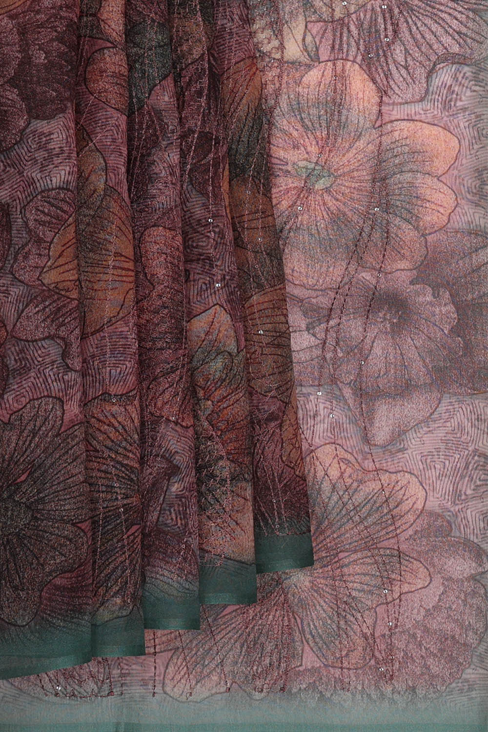 Image of Printed Banarasi Organza Peach Pink Saree