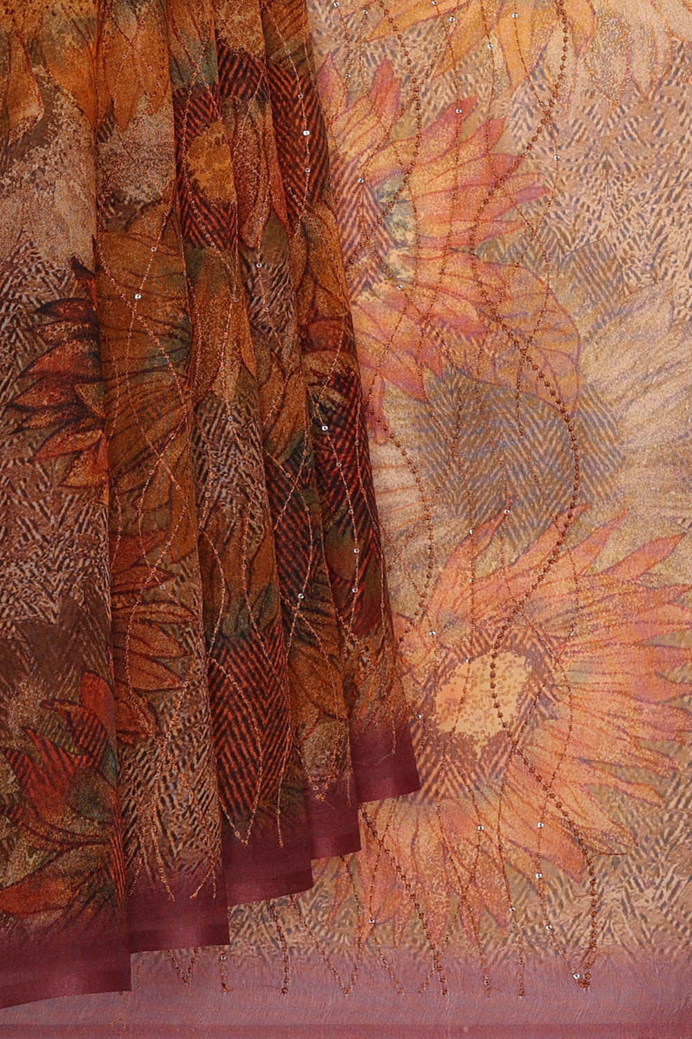 Image of Printed Banarasi Organza Brown Saree