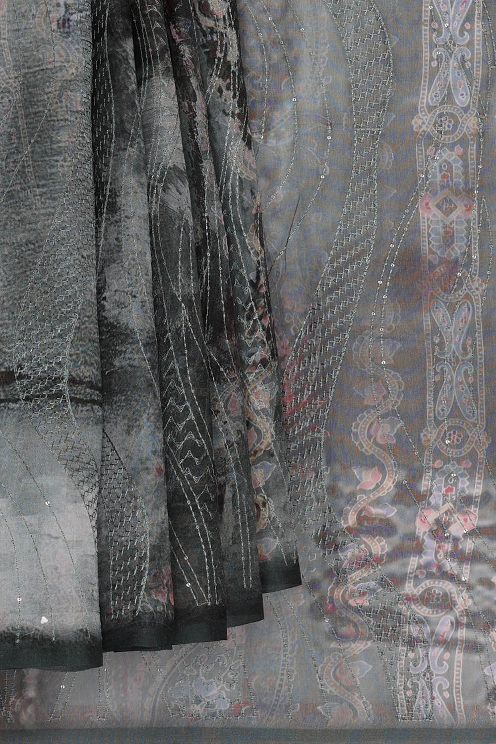 Image of Printed Banarasi Organza Greyish Black Saree