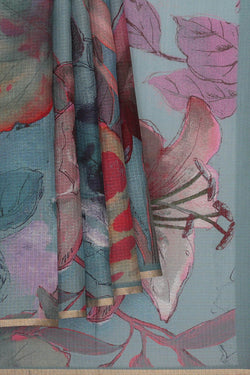 Image of Printed Kota Silk Greyish Blue Saree