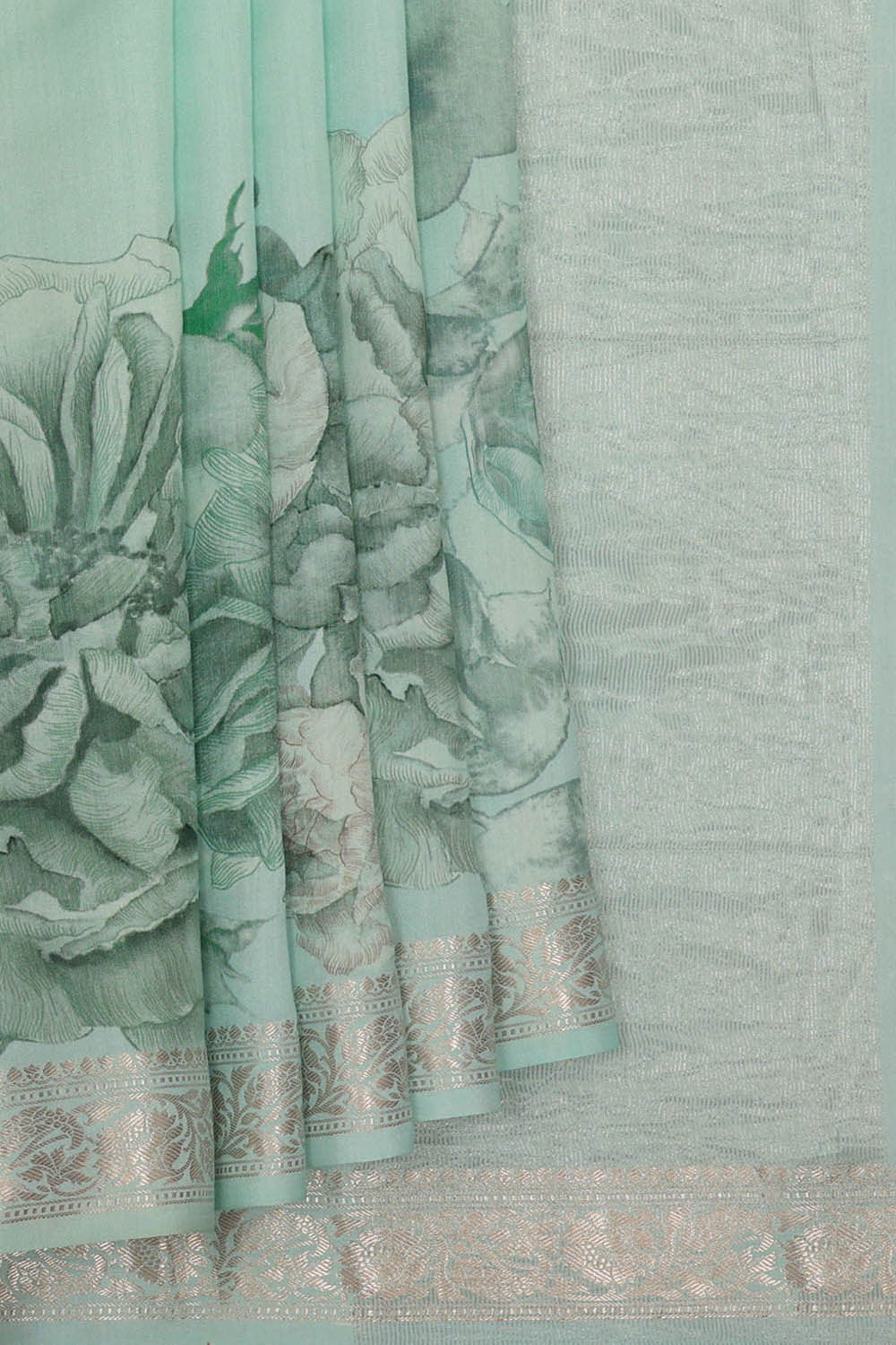 Image of Printed Sea Blue Silk Saree