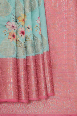 Image of Printed Banarasi Light Blue Saree