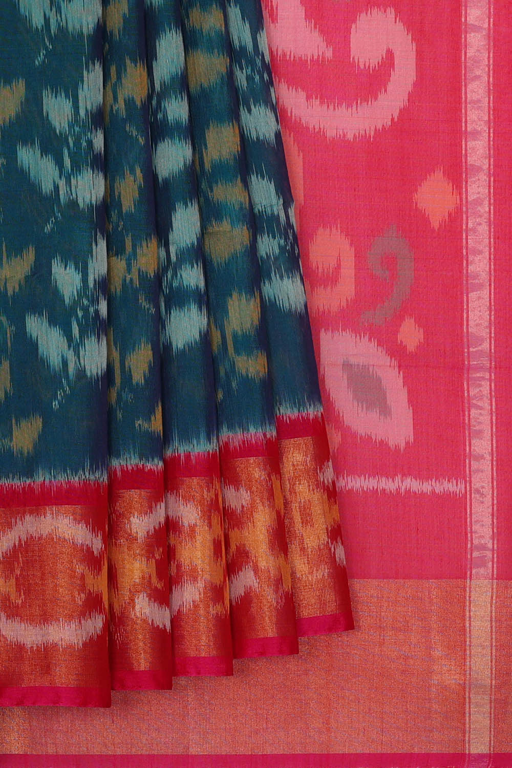 Image of Ikat Cotton Silk Blue Saree