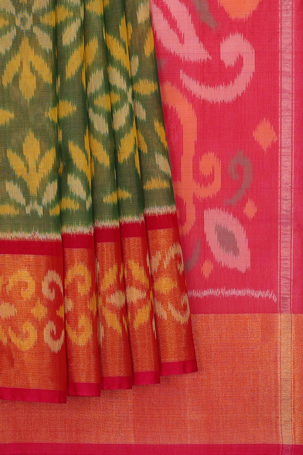 Image of Ikat Cotton Silk Green Saree