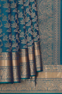 Image of Kanchipattu Peacock Blue Brocade Saree