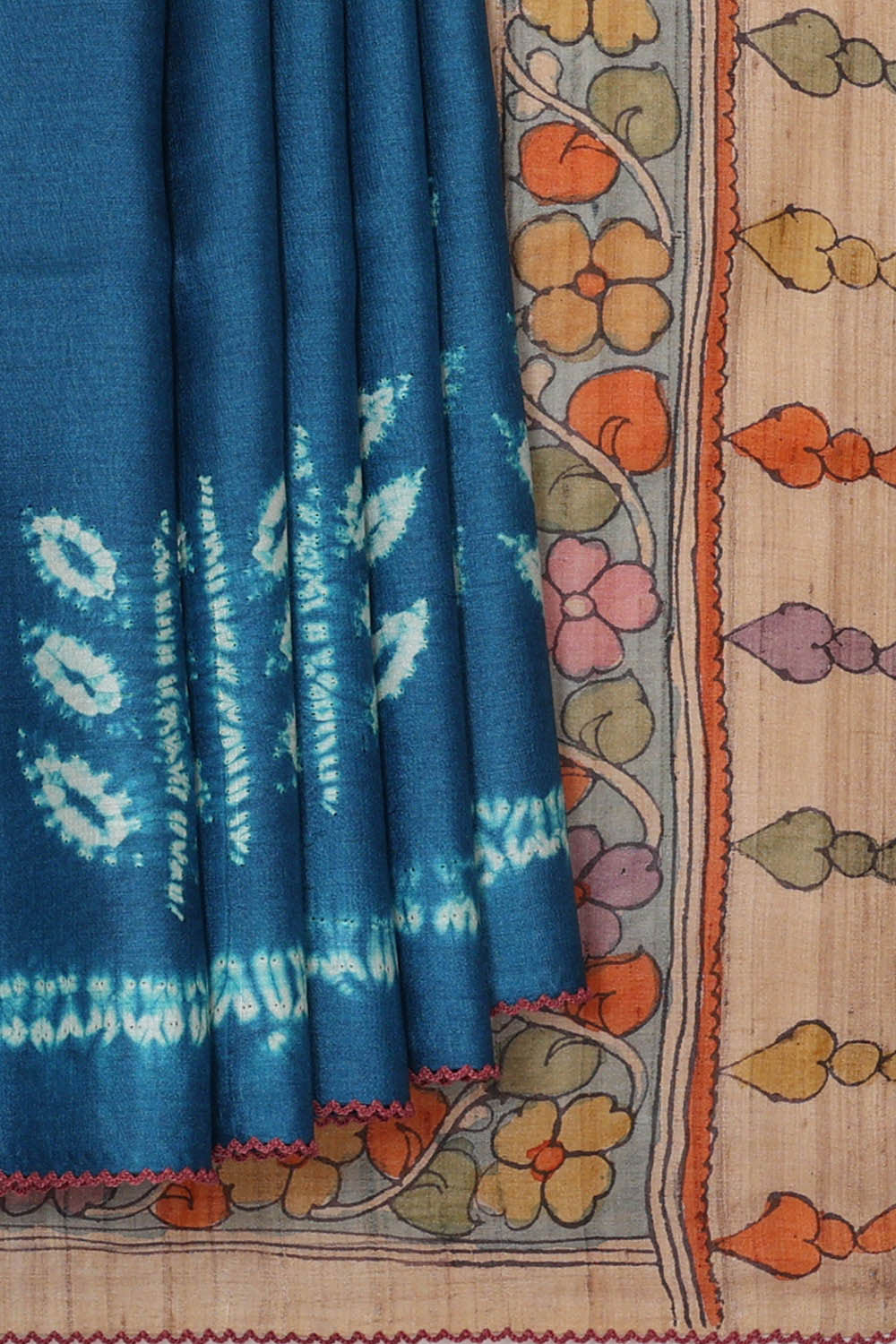 Image of Printed Tussar Peacock Blue Saree
