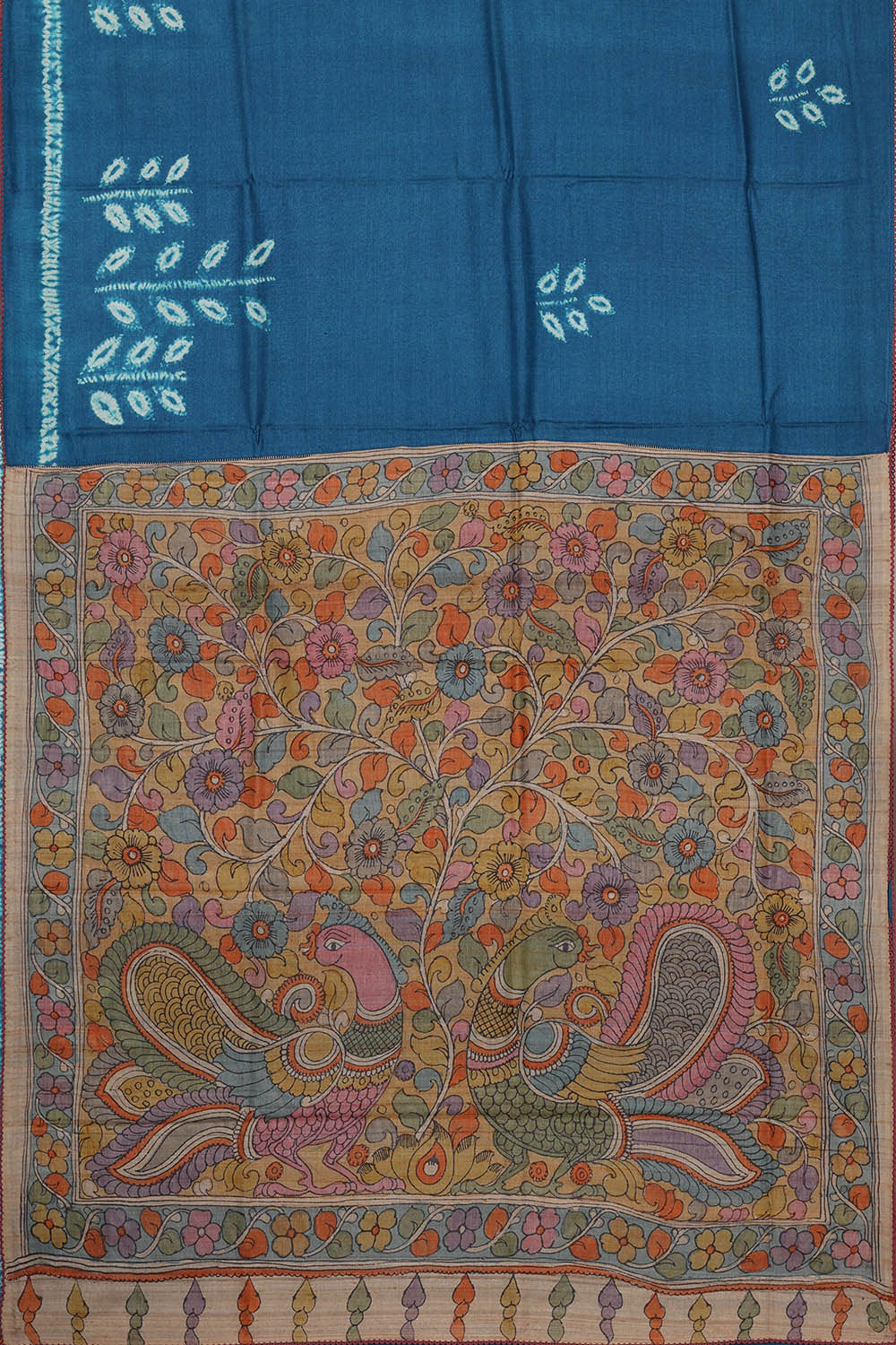 Image of Printed Tussar Peacock Blue Saree