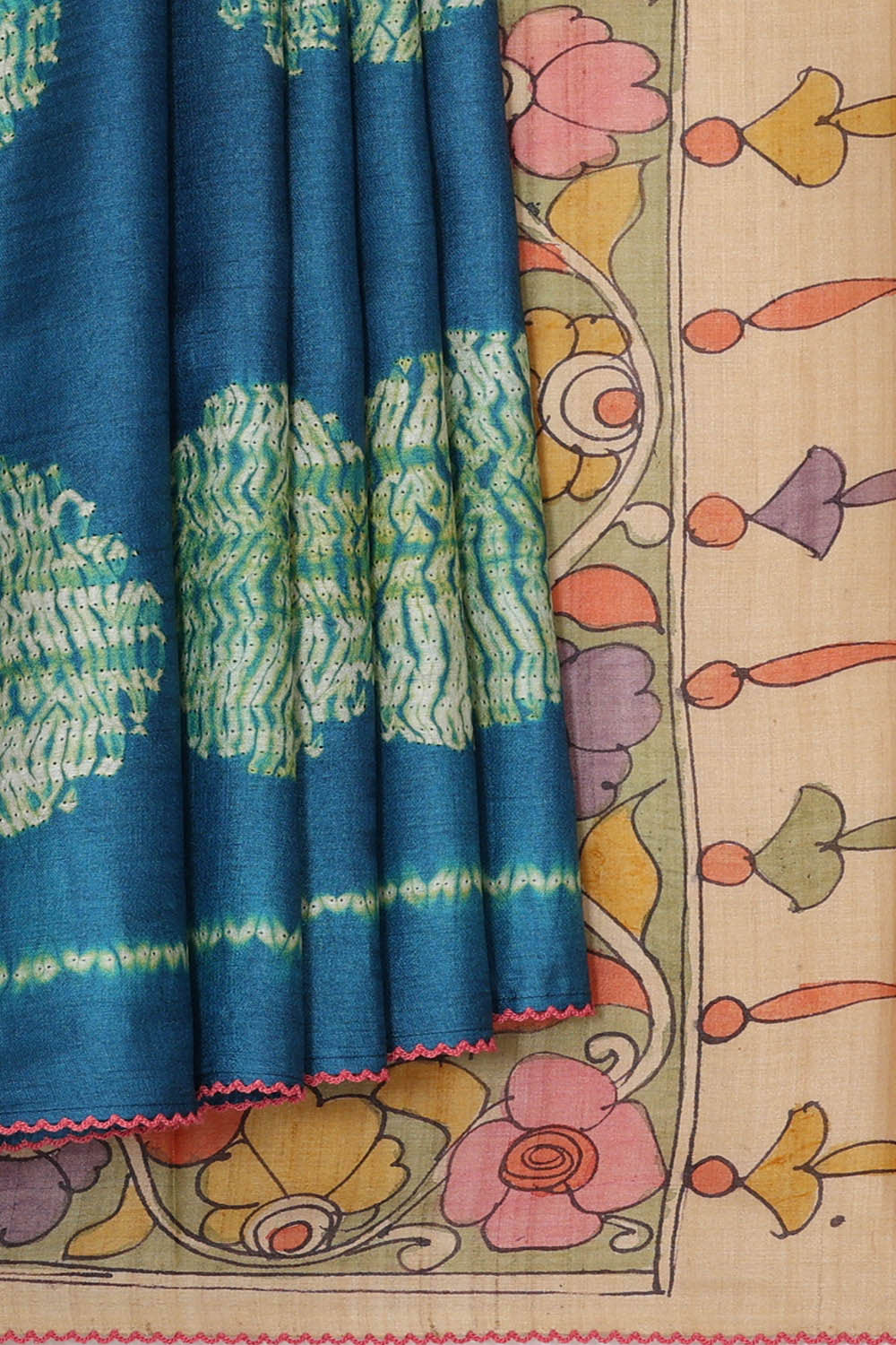 Image of Printed Tussar Peacock Blue Saree