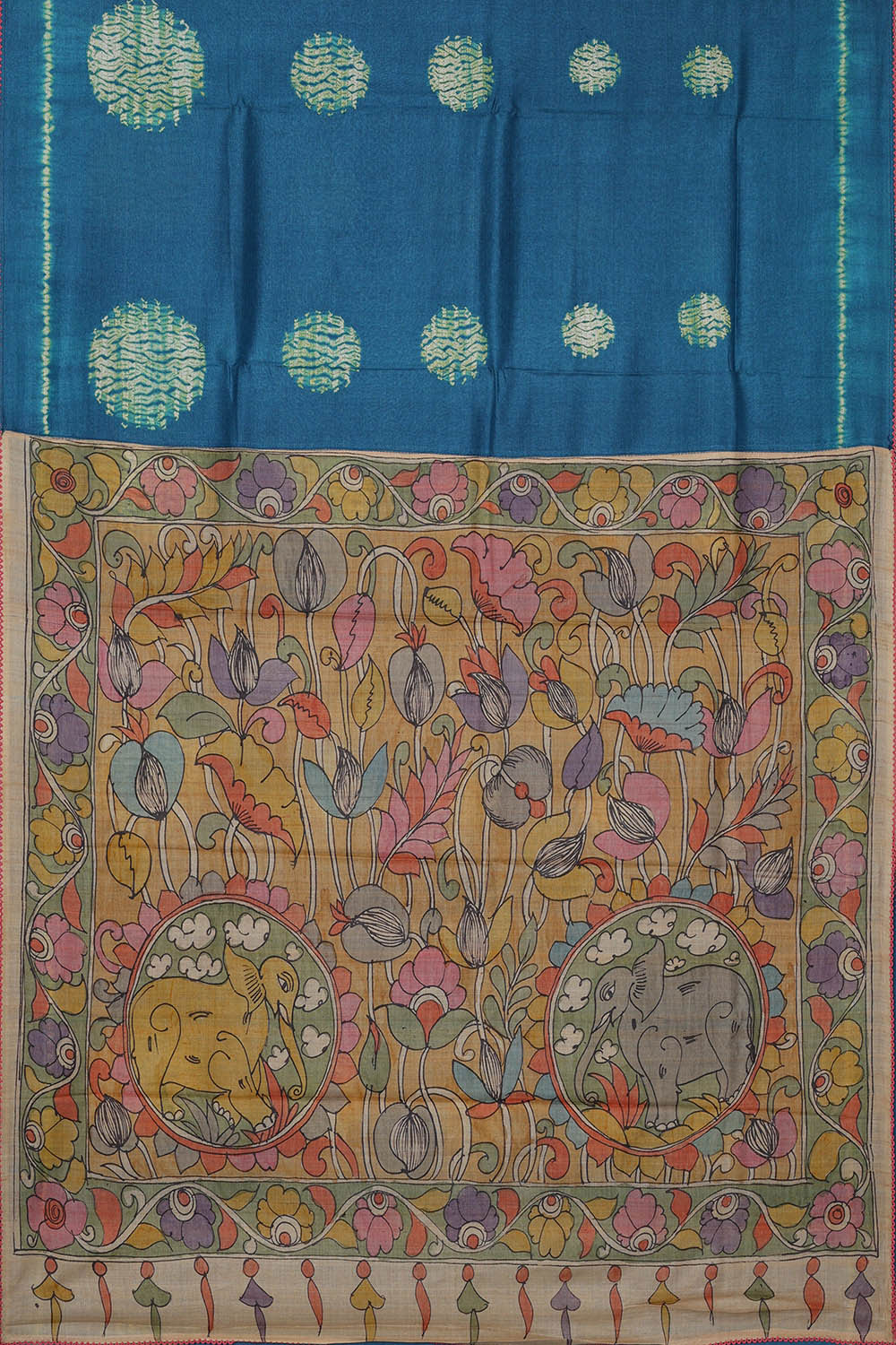 Image of Printed Tussar Peacock Blue Saree