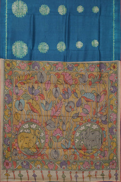 Image of Printed Tussar Peacock Blue Saree