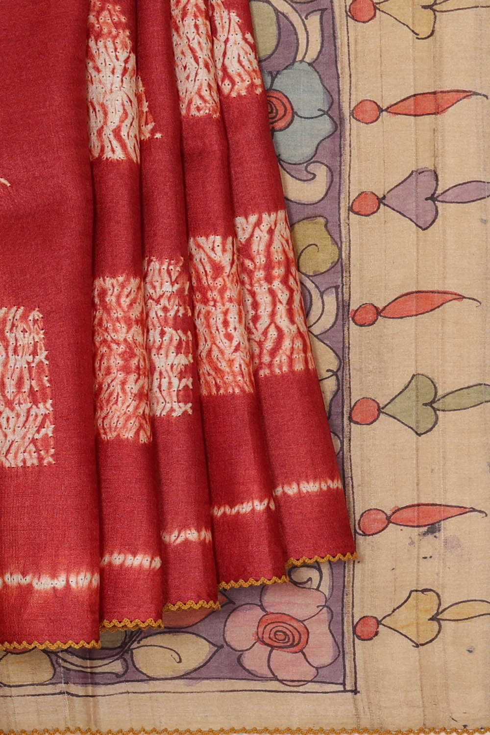Image of Printed Tussar Dark Red Saree