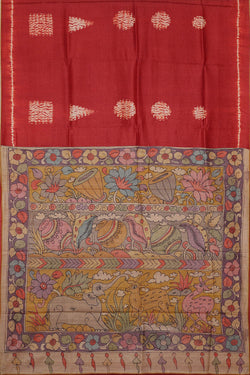 Image of Printed Tussar Dark Red Saree