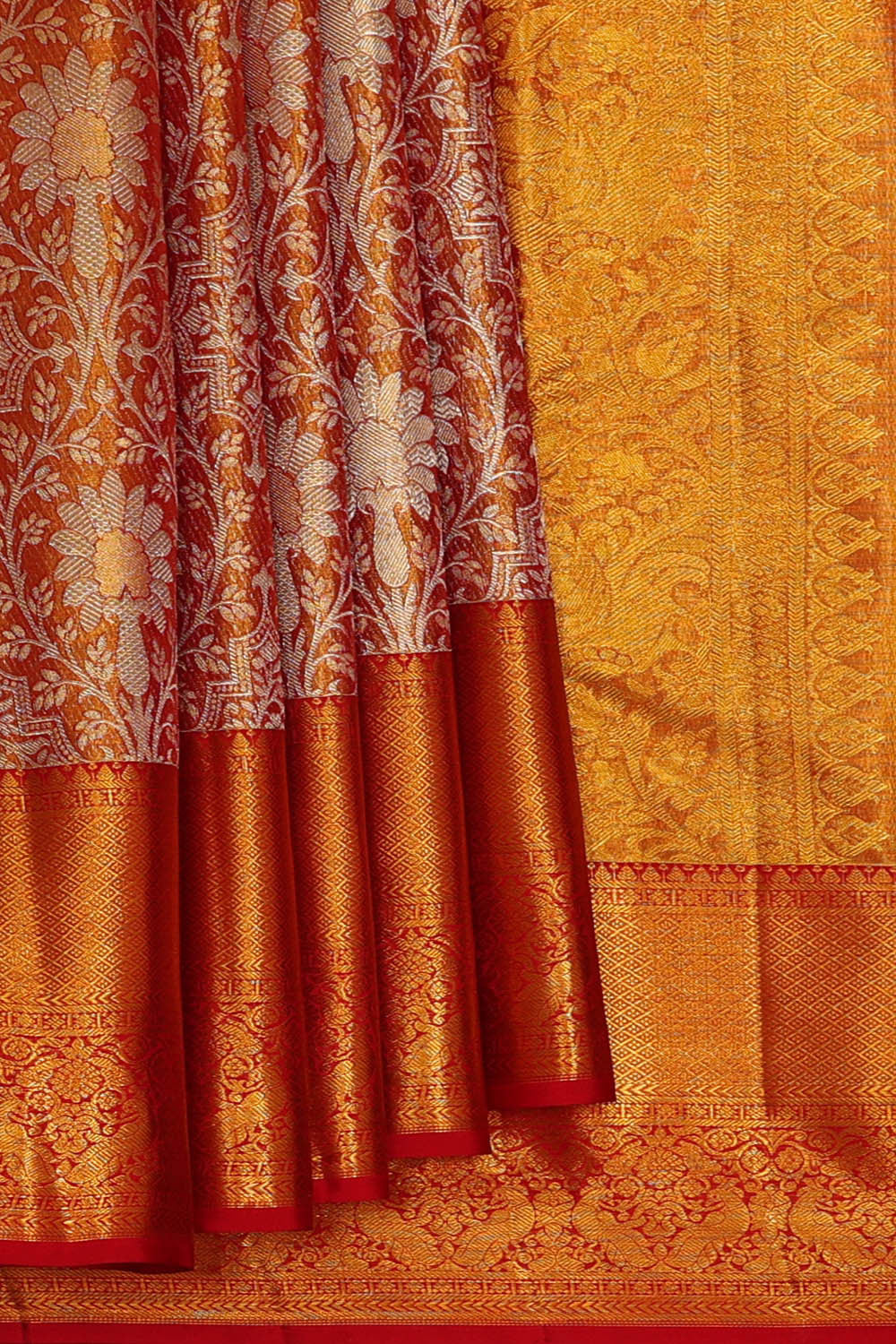 Kanchipattu Golden Red Tissue Brocade Saree