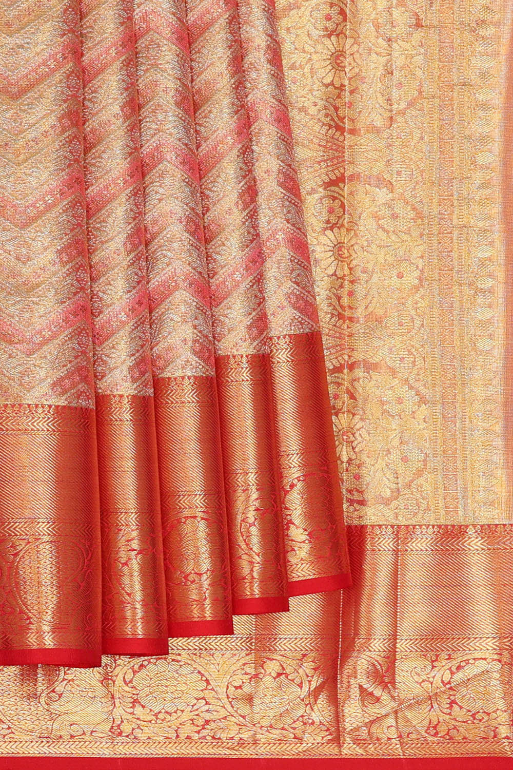 Kanchipattu Golden Peach Pink Tissue Brocade Saree