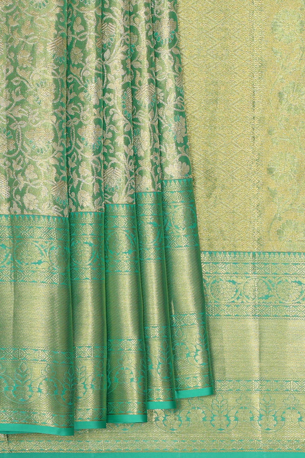 Kanchipattu Golden Turquoise Blue Tissue Brocade Saree