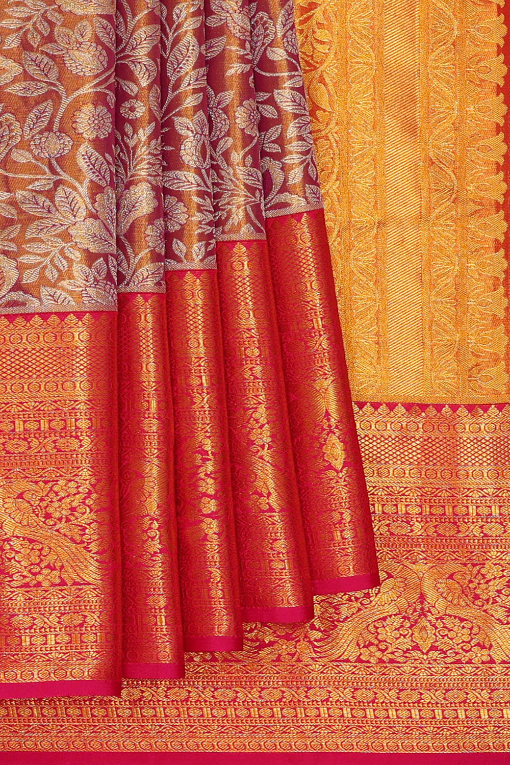 Image of Kanchipattu Golden Magenta Tissue Brocade Saree
