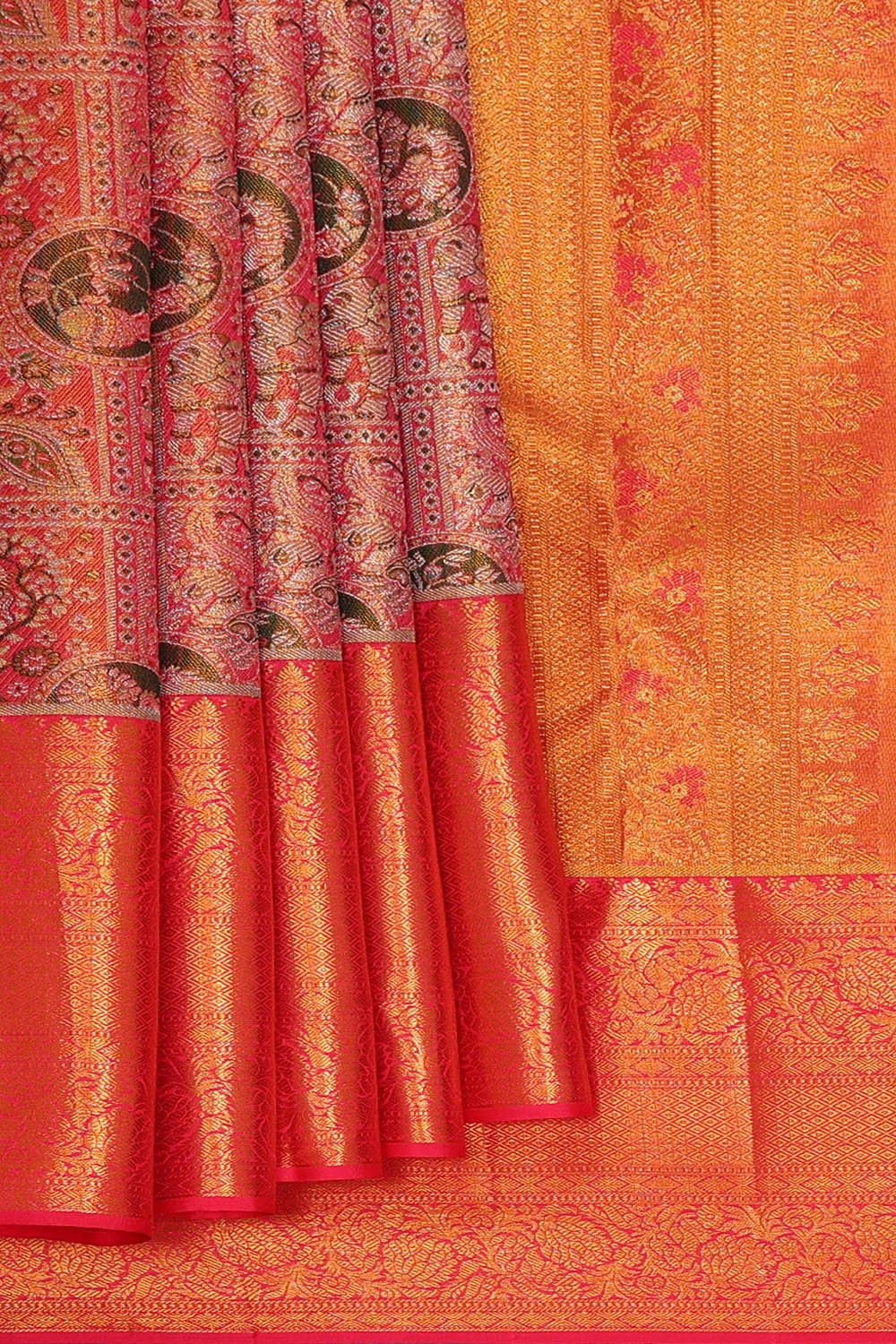 Kanchipattu Peach Pink Tissue Brocade Saree