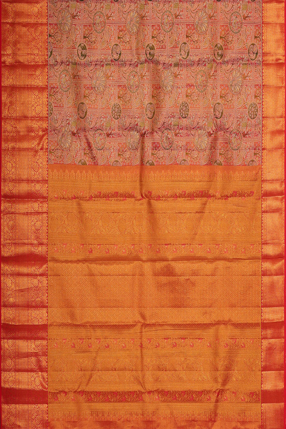 Kanchipattu Peach Pink Tissue Brocade Saree