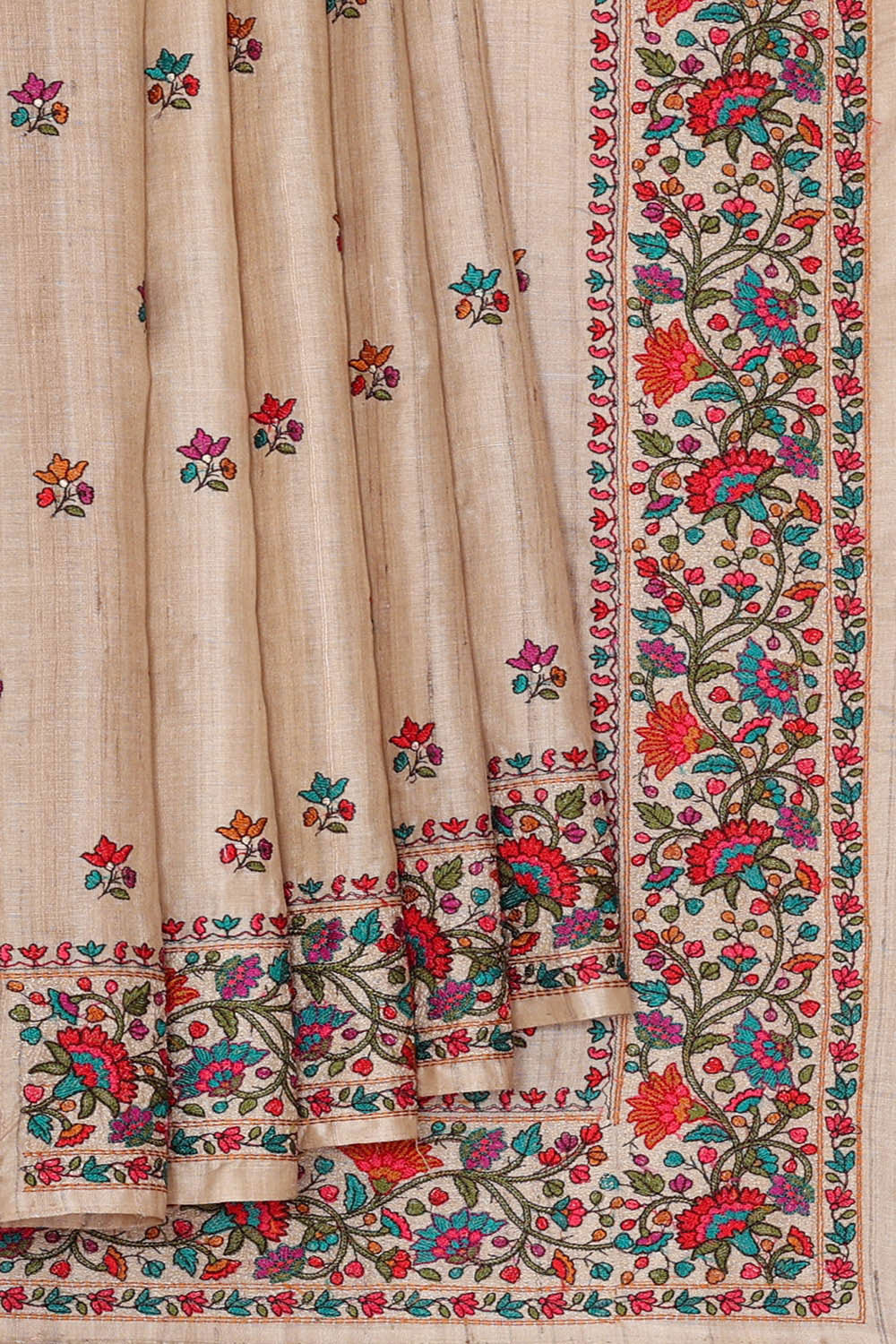 Image of Tussar Cream Embroidered Saree