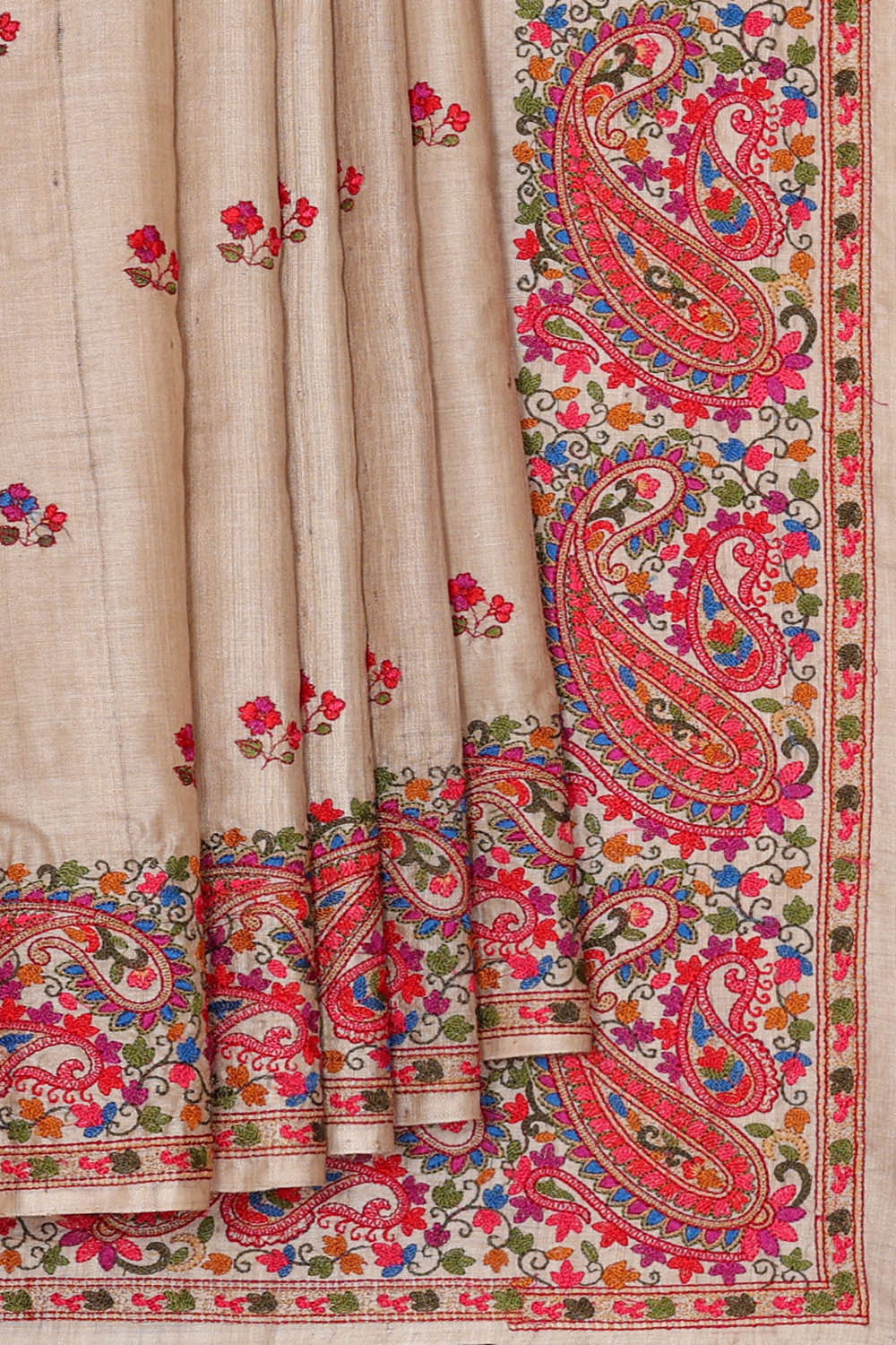 Image of Tussar Cream Embroidered Saree