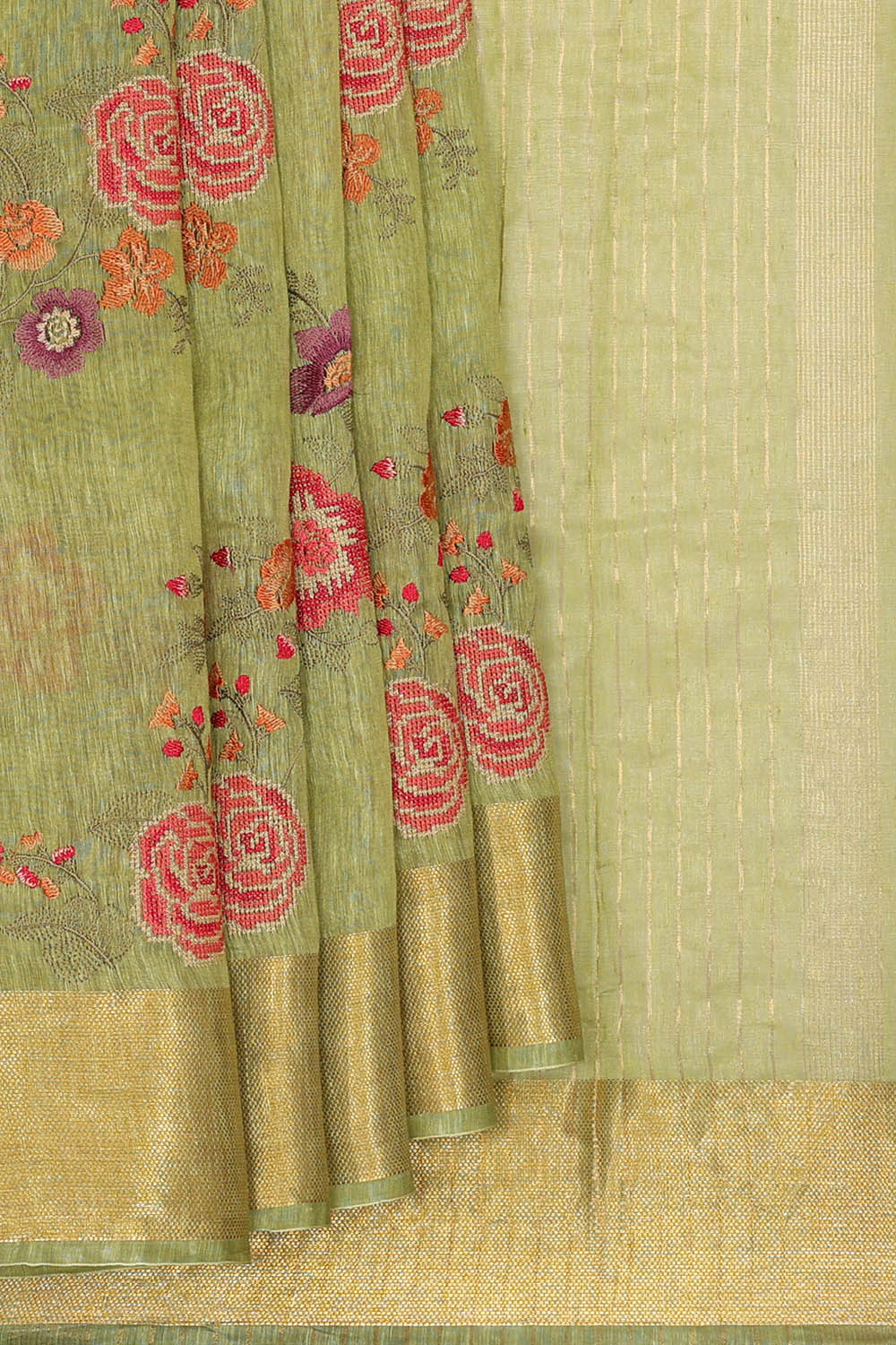 Image of Linen Embroidered Green Saree