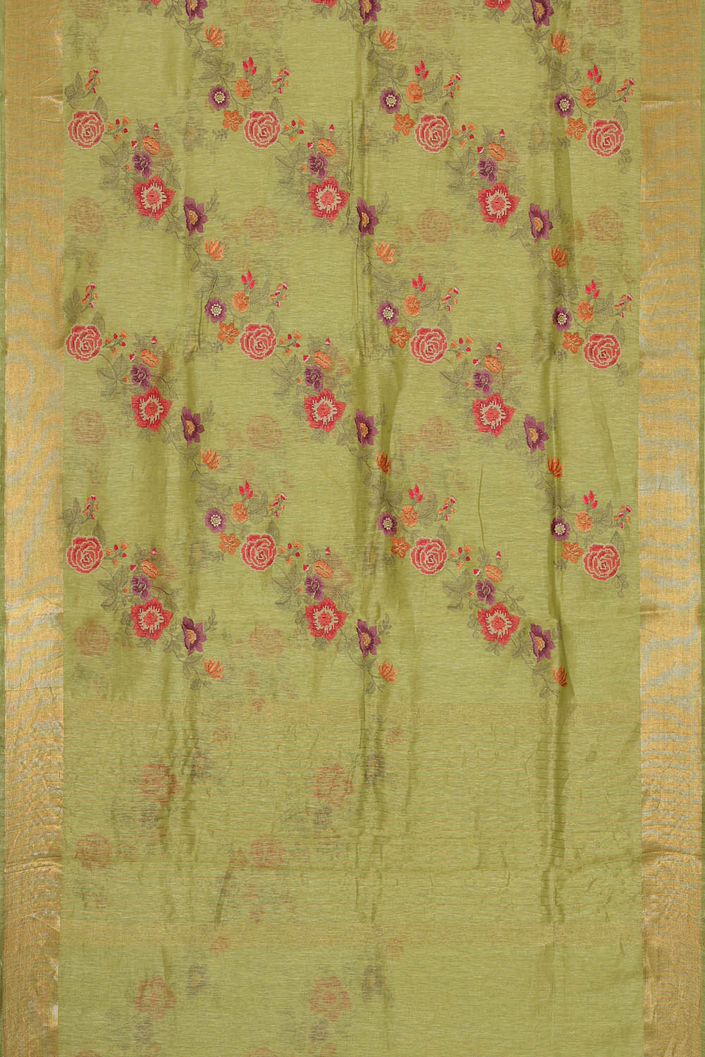 Image of Linen Embroidered Green Saree
