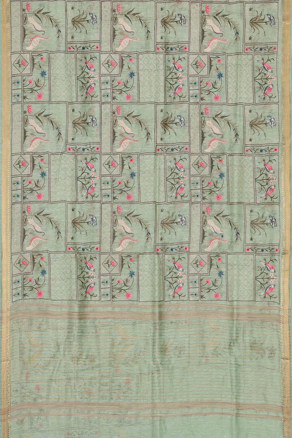 Image of Linen Light Mint Green Embroidered Saree