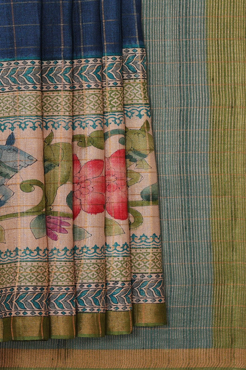 Image of Printed Tussar Dark Blue Saree