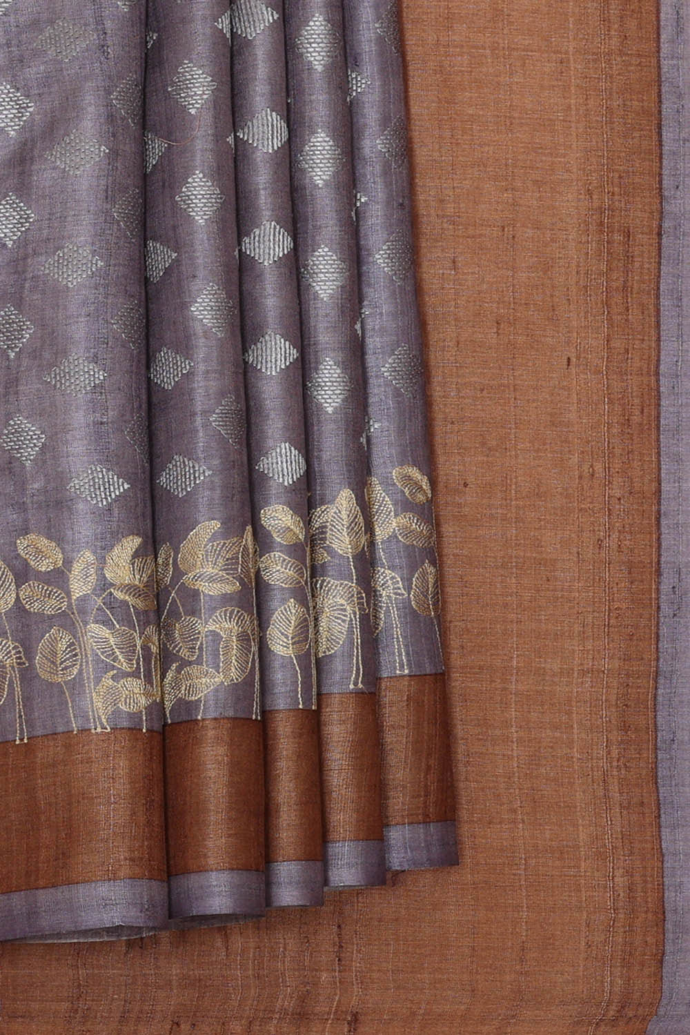 Image of Tussar Silk Greyish Lavender Embroidered Saree