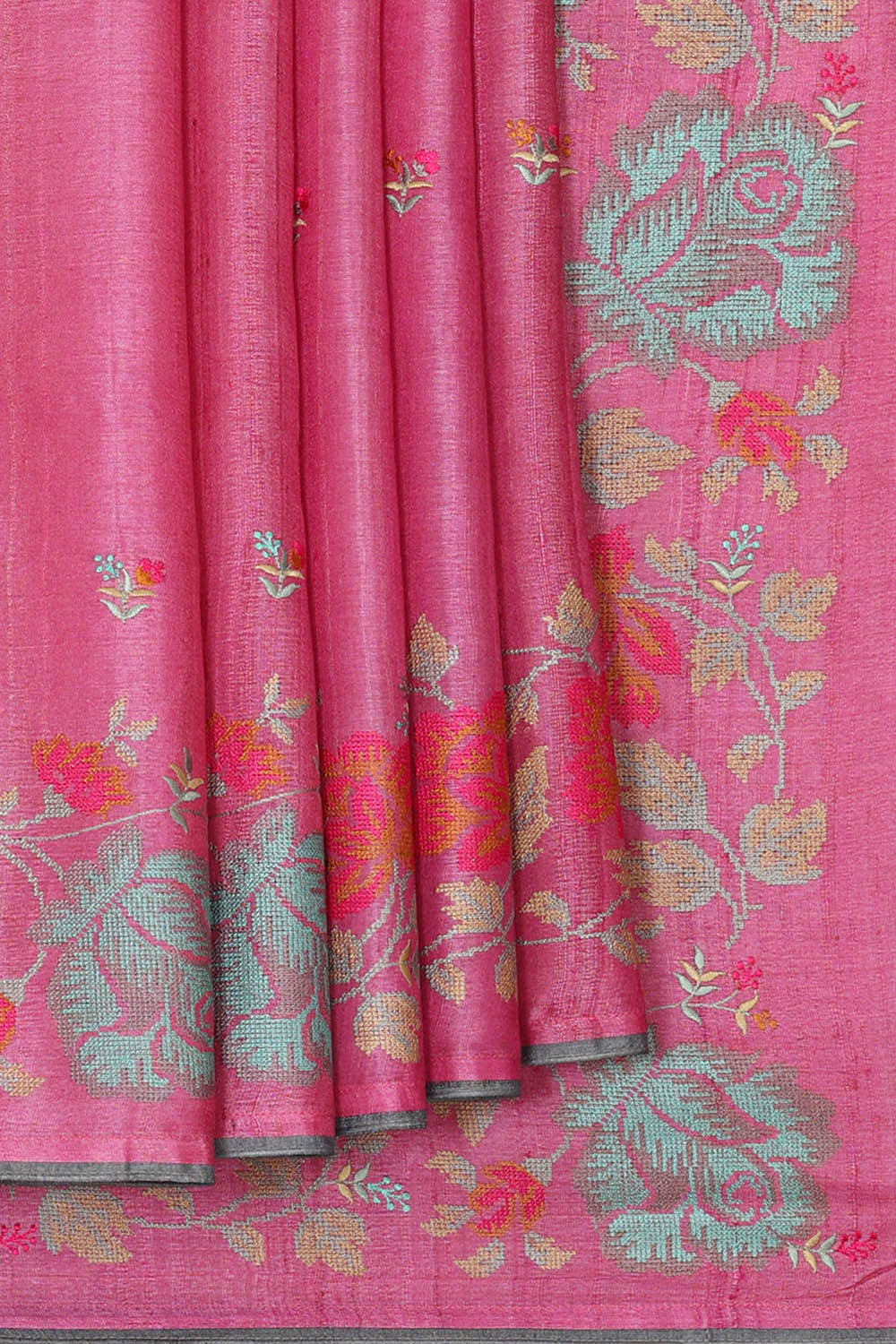 Image of Tussar Silk Pink Embroidered Saree