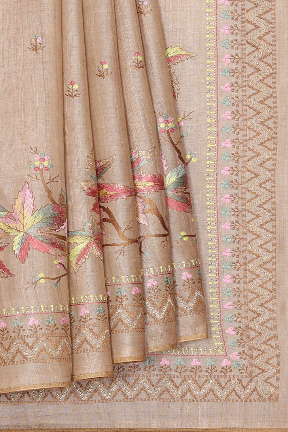 Image of Tussar Silk Cream Embroidered Saree