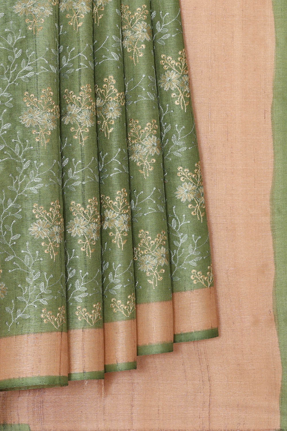 Image of Tussar Silk Pista Green Embroidered Saree