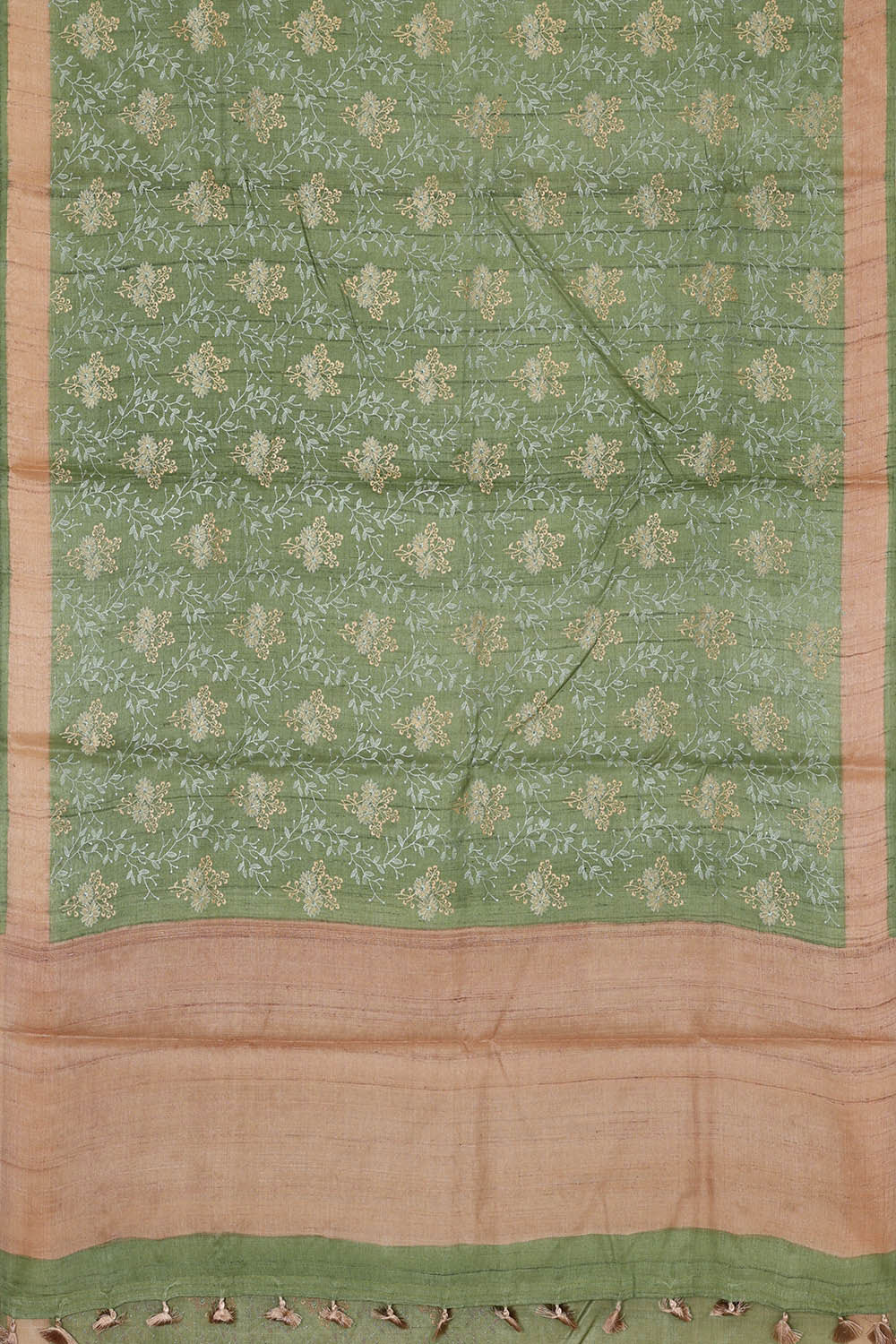 Image of Tussar Silk Pista Green Embroidered Saree