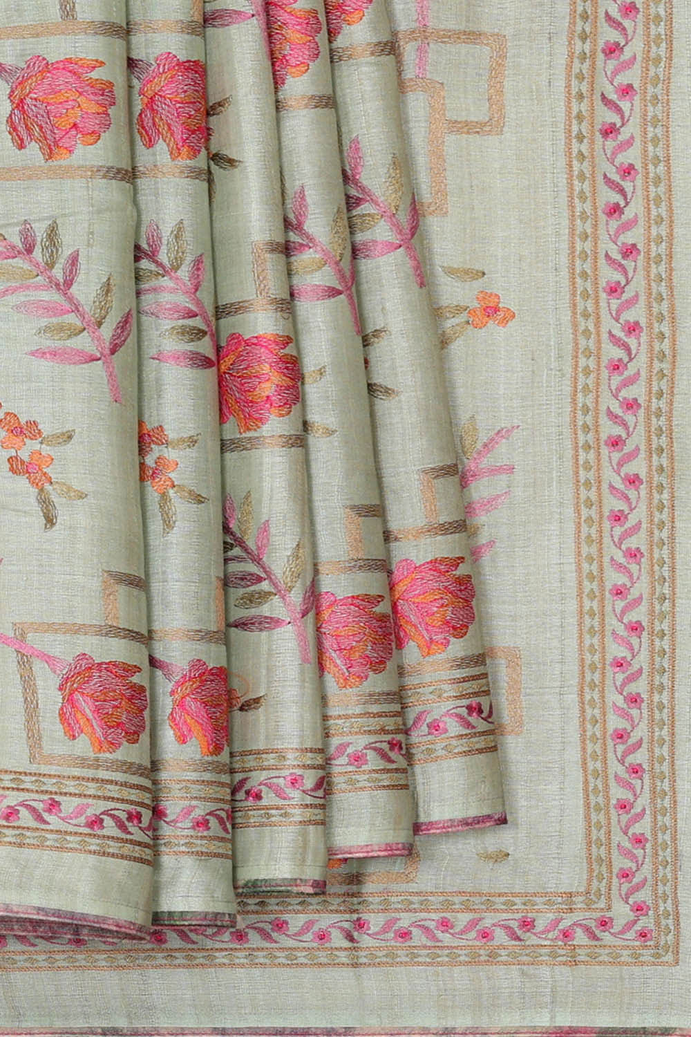 Tussar Silk Light Pista Green Embroidered Saree